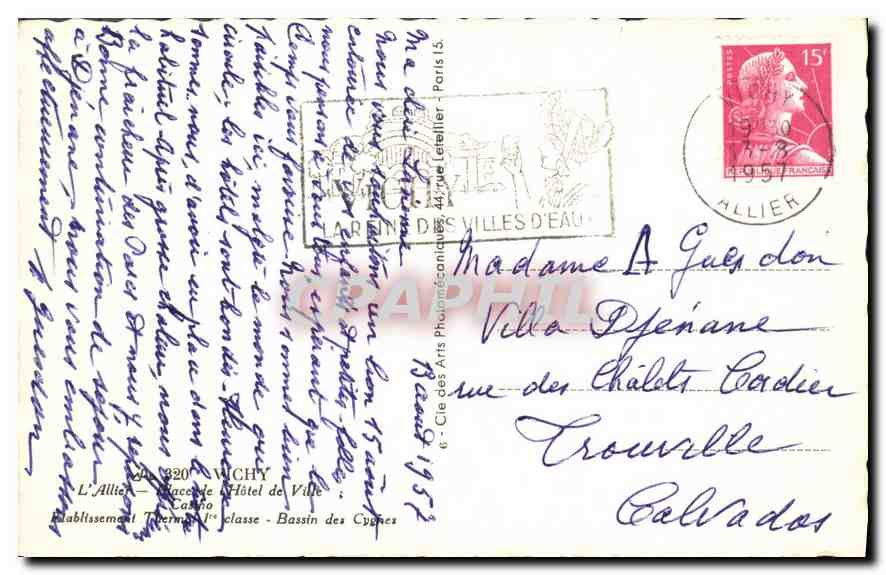 CPA Souvenir de Vichy Hotel de Ville Casino Bassin des Cygnes  — Rückseite