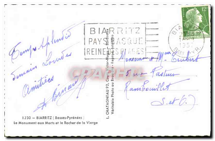 CPA Biarritz Basses Pyrenees le Monument aux Morts et le Rocher de la Vierge  — Rückseite