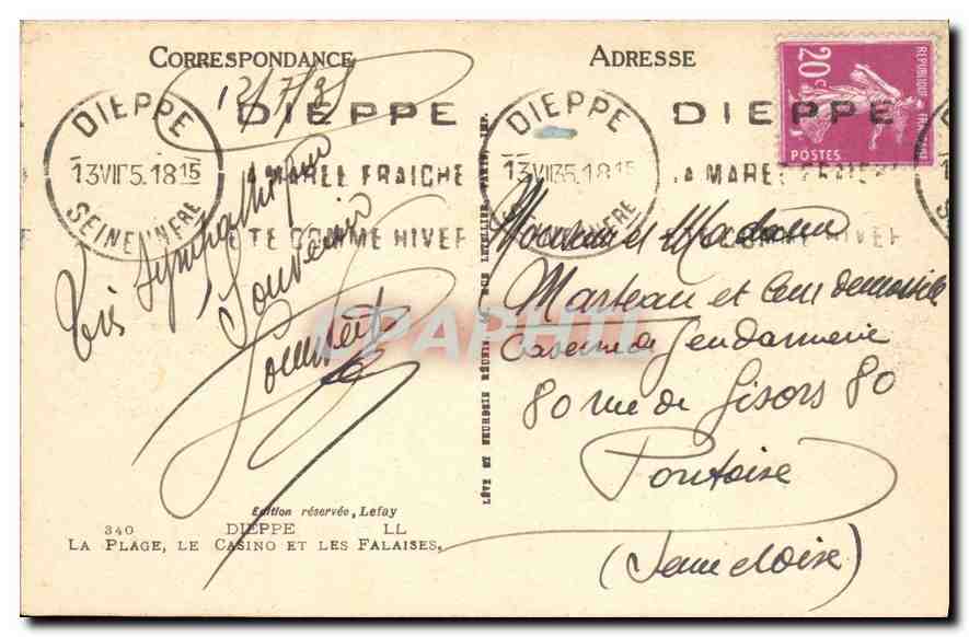 CPA Dieppe la place le casino et les Falaises  — Verso