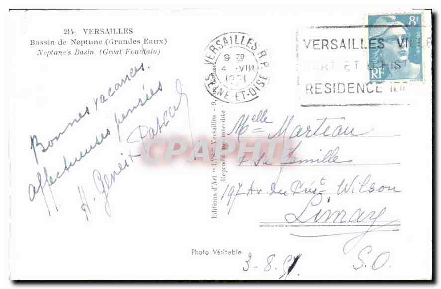 Bassin de Neptune — Versailles — Éditions d'Art LYS n°214 — Verso