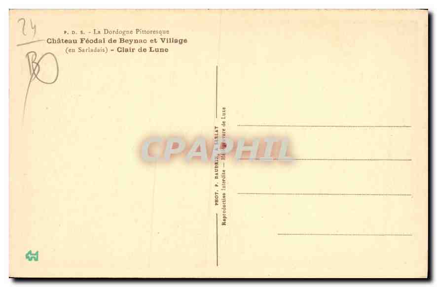 Château féodal de Beynac et village — Clair de lune — P.D.S. La Dordogne Pittoresque — Rückseite