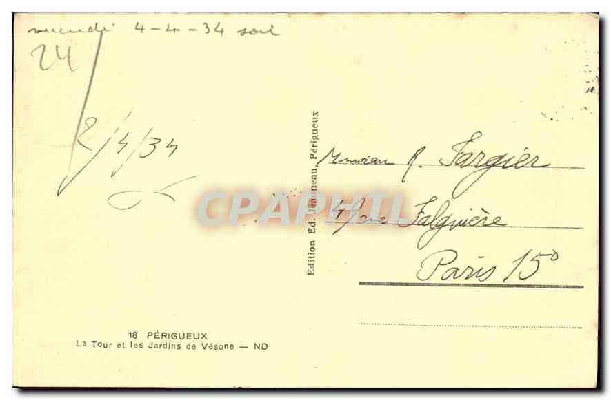 CPA Perigueux La Tour et les Jardins de Vesone  — Rückseite