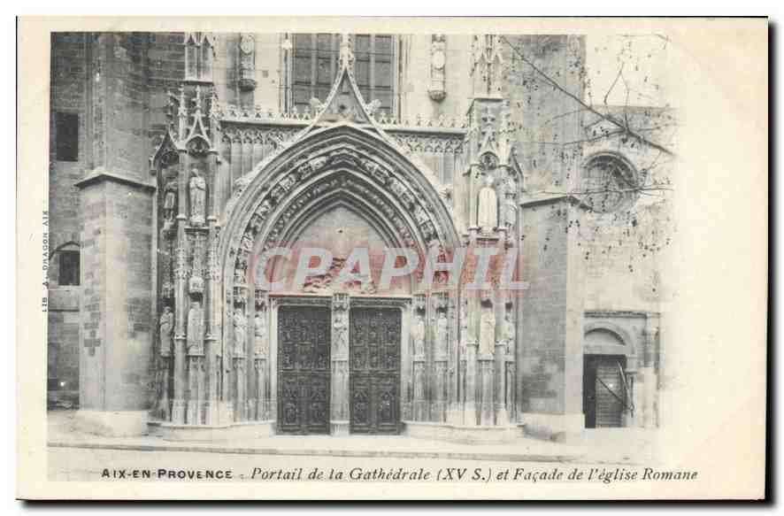 Aix-en-Provence — Portal der Kathedrale (15. Jh.) und Fassade der romanischen Kirche — Lib. A. Dragon Aix