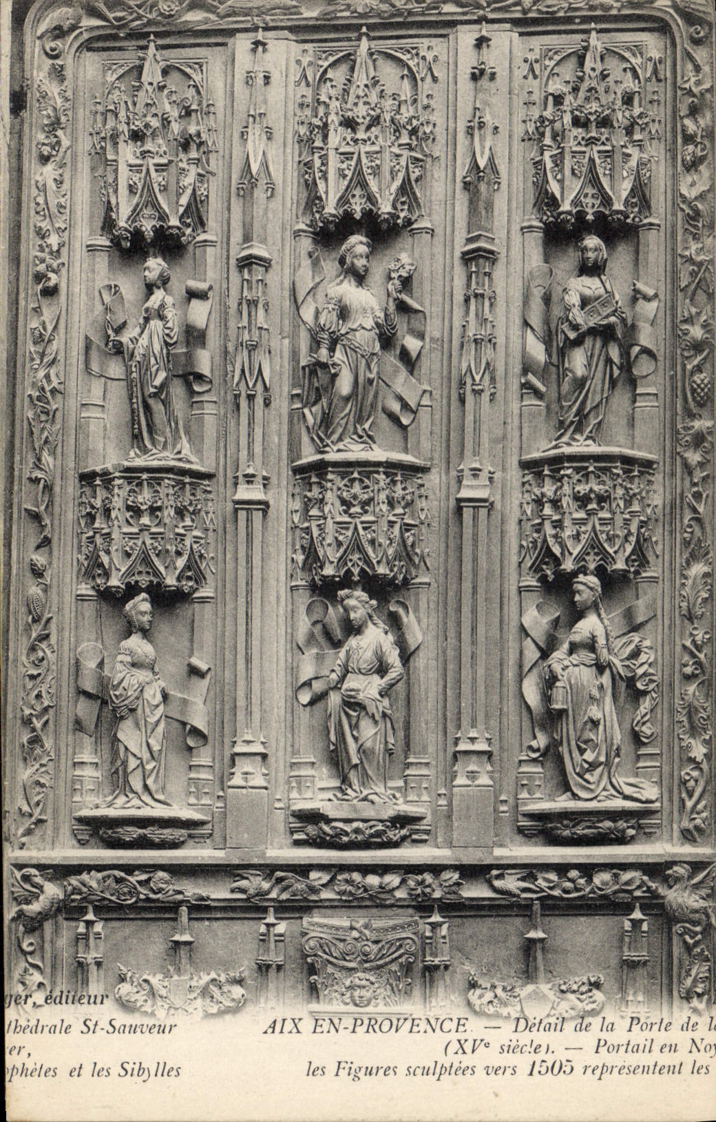 Aix-en-Provence — Detail der Pforte der Kathedrale St-Sauveur (15. Jahrhundert) — Geknüpfte Figuren um 1505, die die Propheten und Sibyllen darstellen