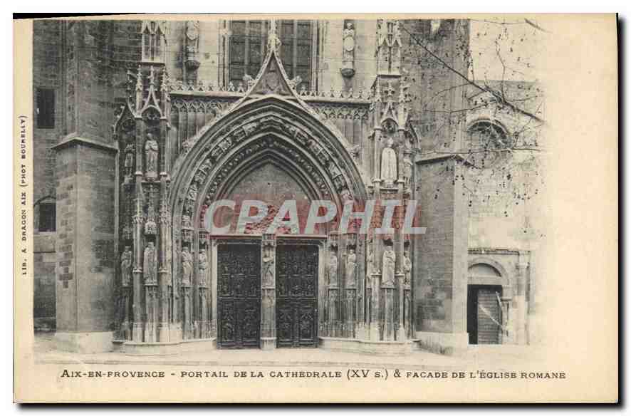 Aix-en-Provence — Portal der Kathedrale (15. Jahrhundert) & Fassade der romanischen Kirche — Lib. A. Dragon (phot. Aix)