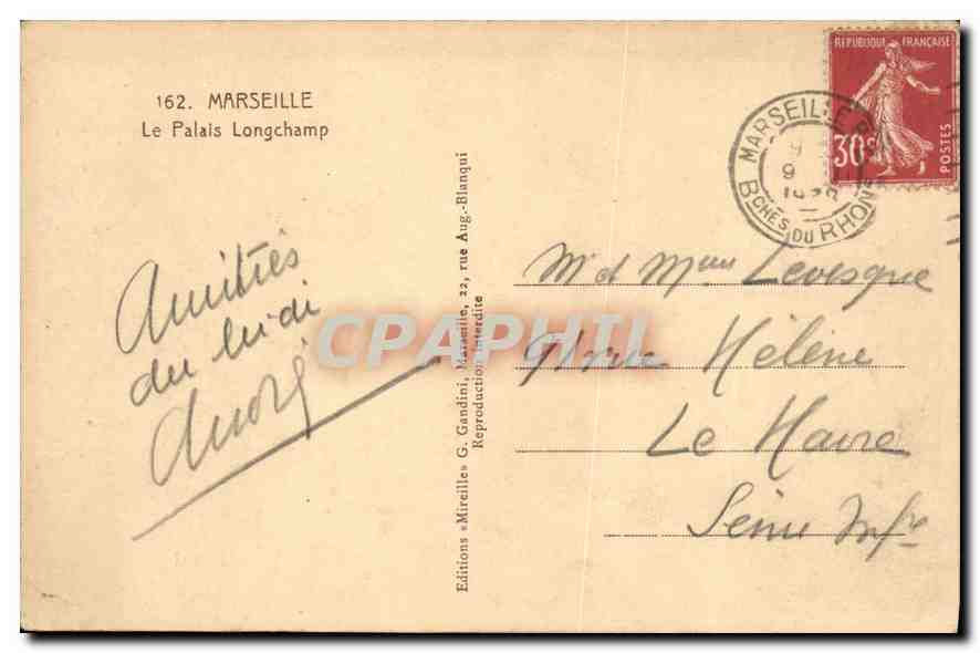 CPA Marseille le palais Longchamp  — Rückseite