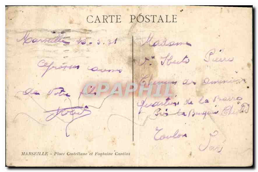 CPA Marseille Place Castellane et Fountaine Cantini Tramway — Verso