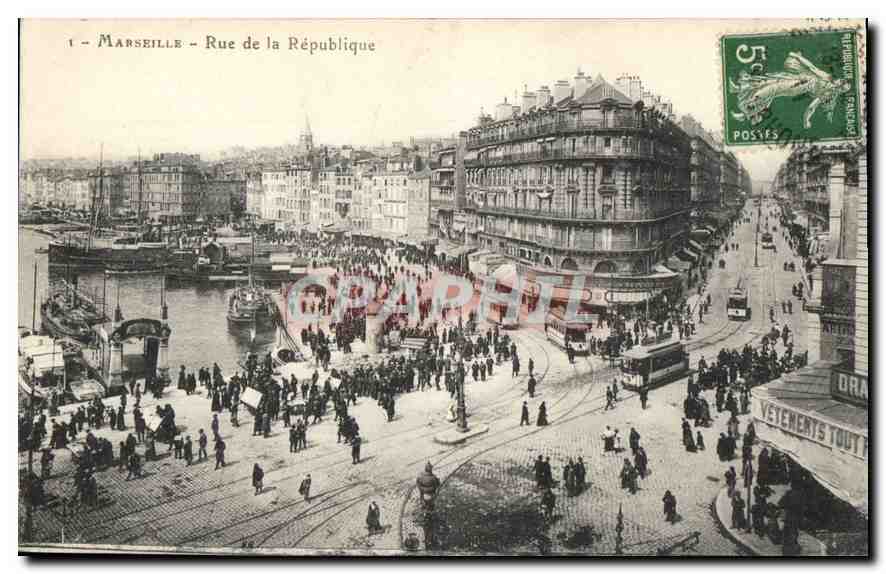 Marseille - Rue de la République — vue animée avec quai et tramway — éditeur 'Posyès' n°1