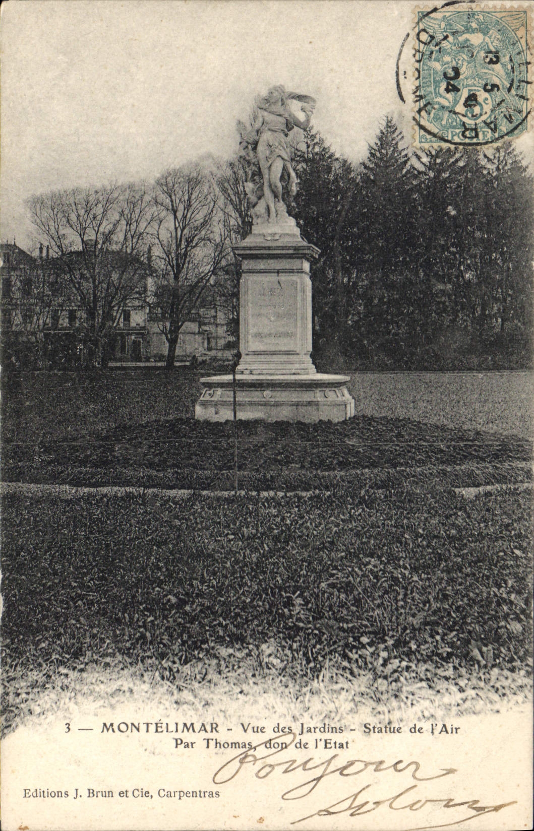 Montélimar — Vue des Jardins — Statue de l'Air, par Thomas, don de l'État — Éditions J. Brun et Cie, Carpentras