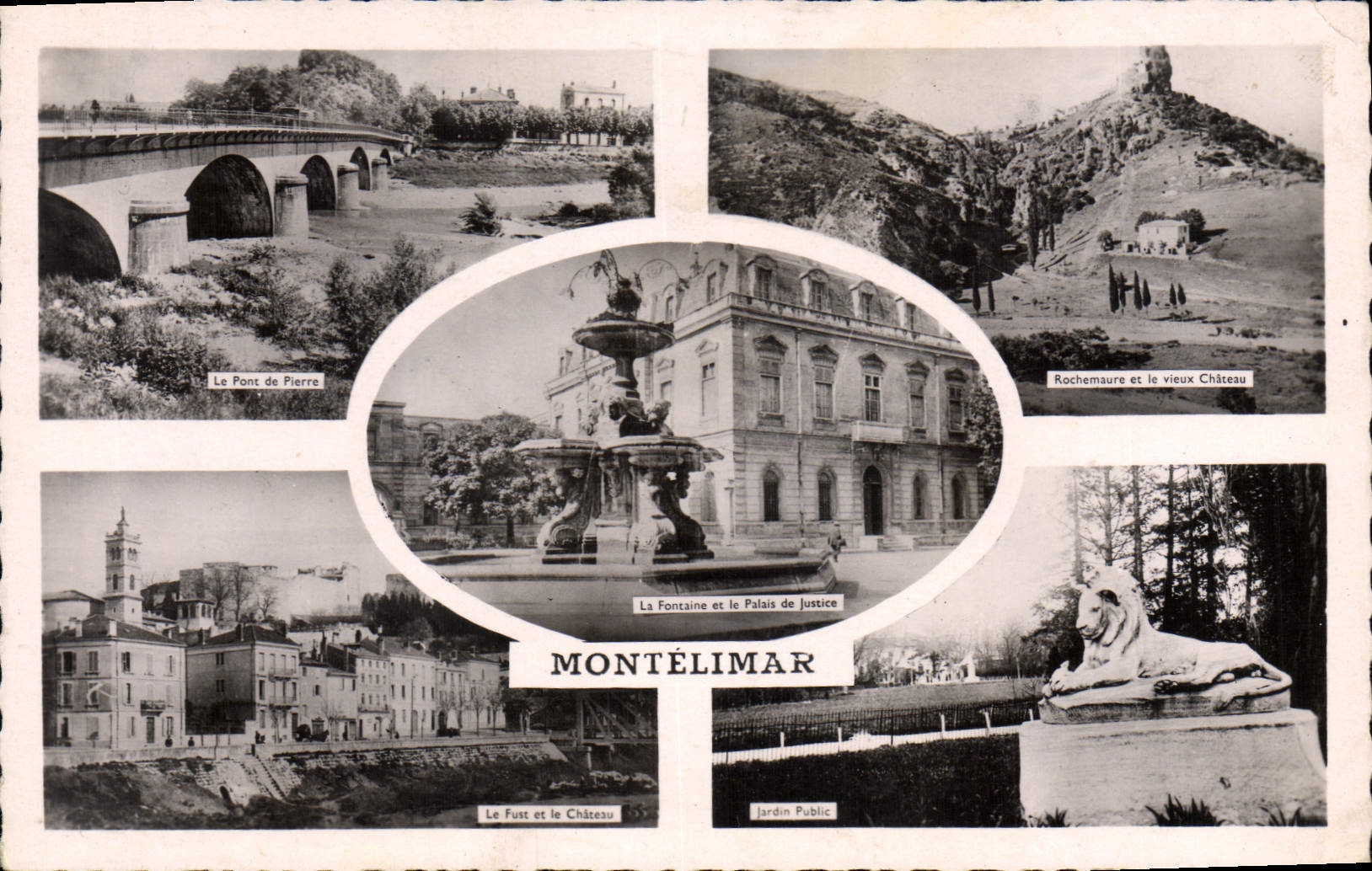 Montélimar — Panoramablick mit Pont de Pierre, Fontaine und Palais de Justice, Rochemaure und Schloss — Verleger Artaud frères et fils, Nantes