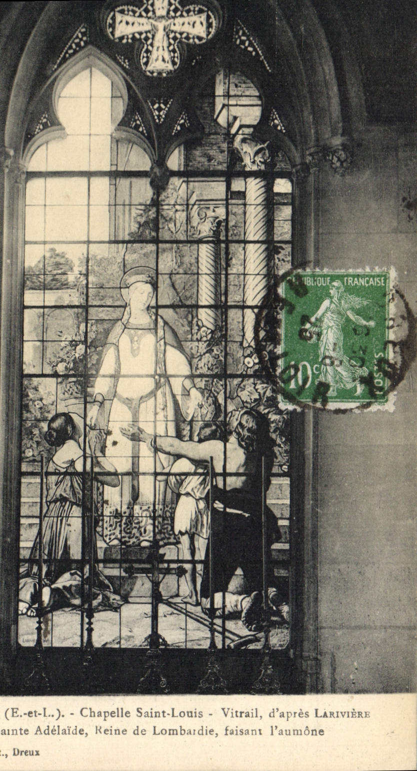 Chapelle Saint-Louis - Vitrail d'après Larivière — Sainte Adélaïde, Reine de Lombardie, faisant l'aumône — Éditeur : Bibliothèque Française