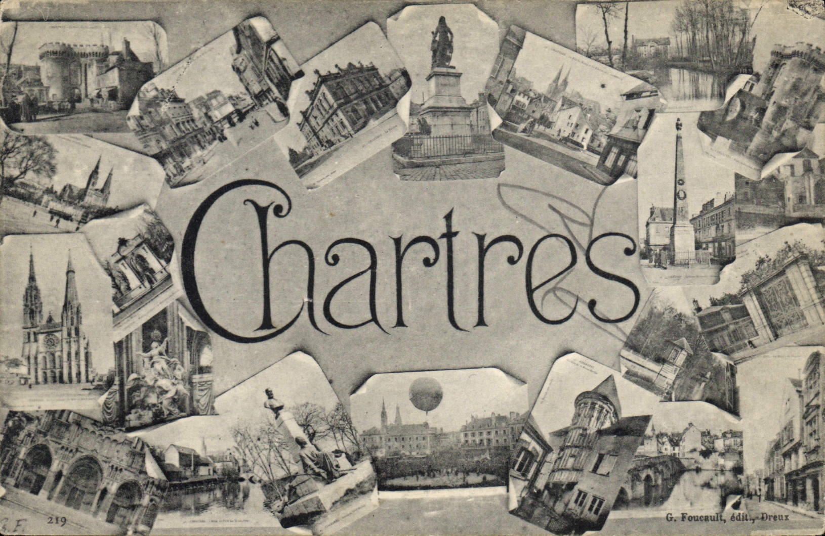 Chartres — vue panoramique en collage — G. Foucault, édit., Dreux
