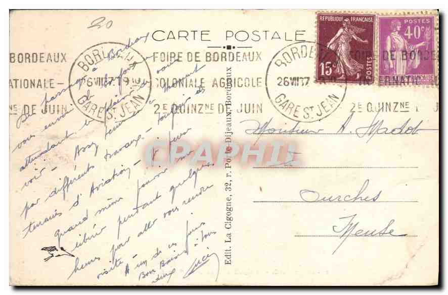 CPA Bordeaux Le Grand Theatre et la Place de la Comedie — Verso