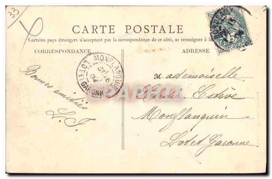 CPA Place de la Bourse et Fontaine des Trois Graces — Verso