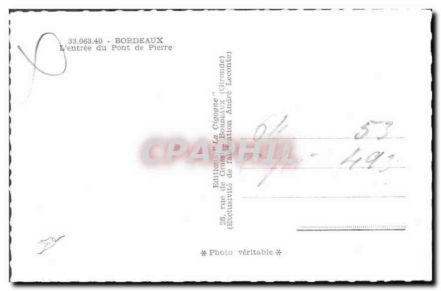 CPM Bordeaux L'Entree du Pont de Pierre — Verso