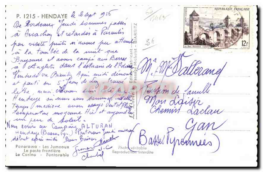CPM Hendaye Frontiere Franco Espagnole — Verso