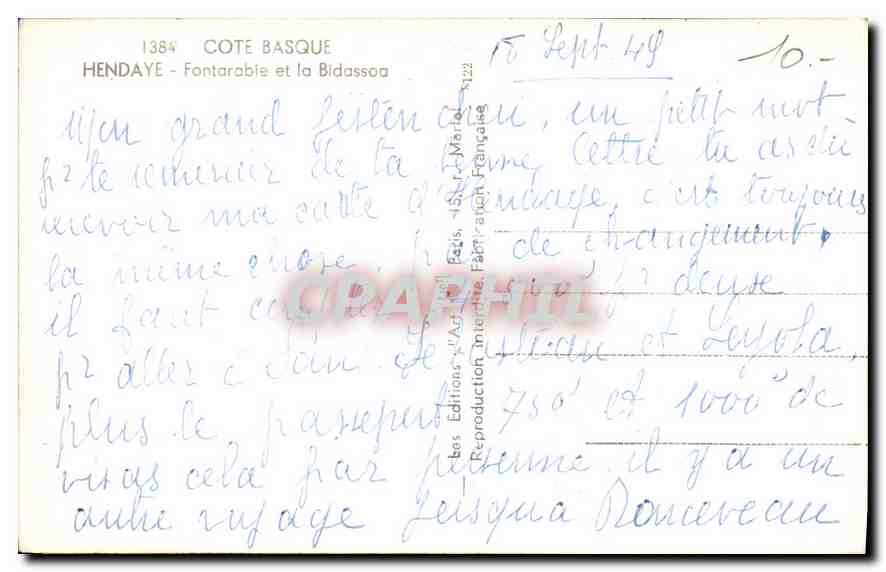 Hendaye - Fontarable et la Bidassoa — vue sur la rivière avec un voilier — éditeur 'Les Éditions de l'Art Français' n°1384 — Verso