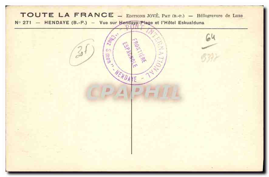 Hendaye-Plage et l'Hôtel Eskualduna — Éditions Jové, Pau — N° 271 — Reverso