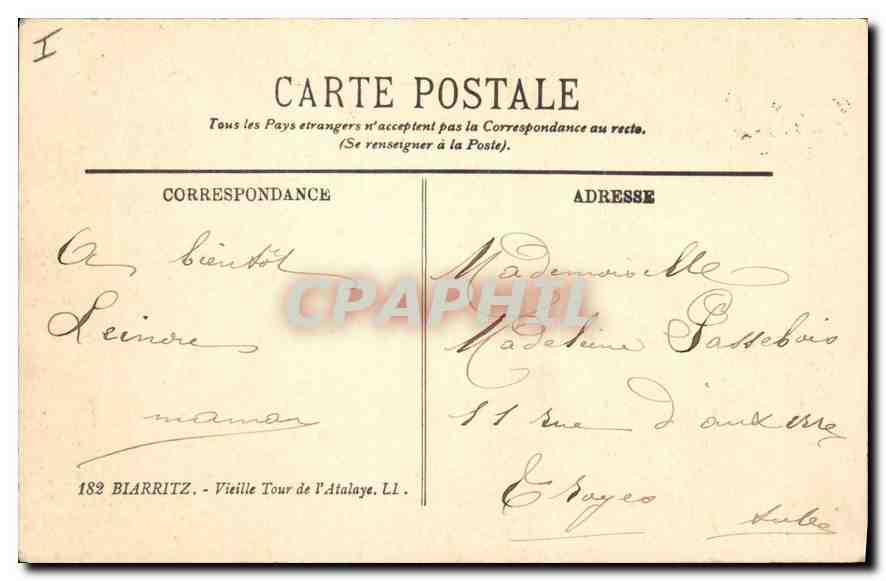 CPA Biarritz Vieille Tour de l'Atalaye — Rückseite