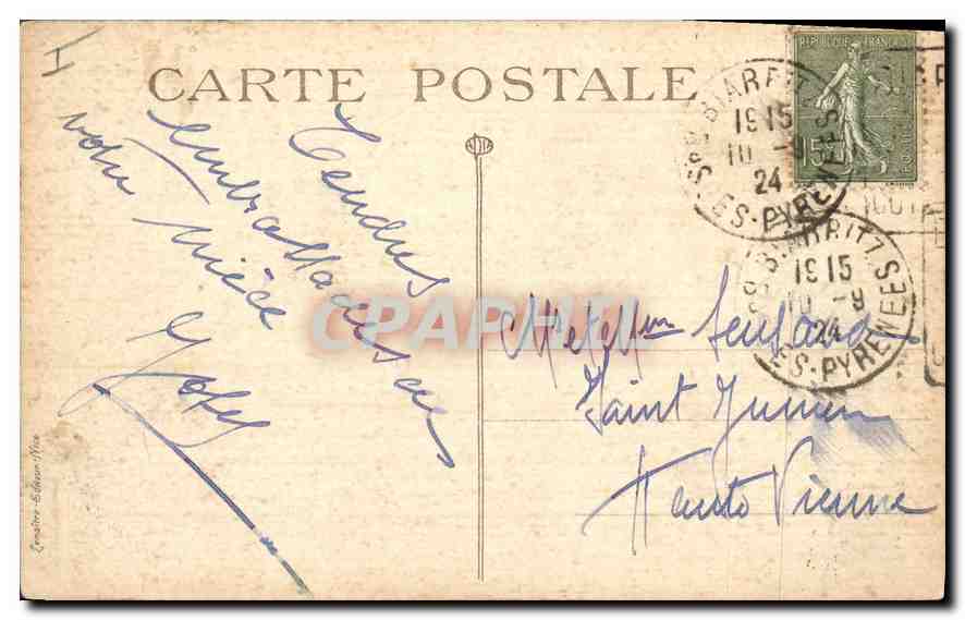 CPA Biarritz Sur le Casino Municioal (Etude artistique) — Verso
