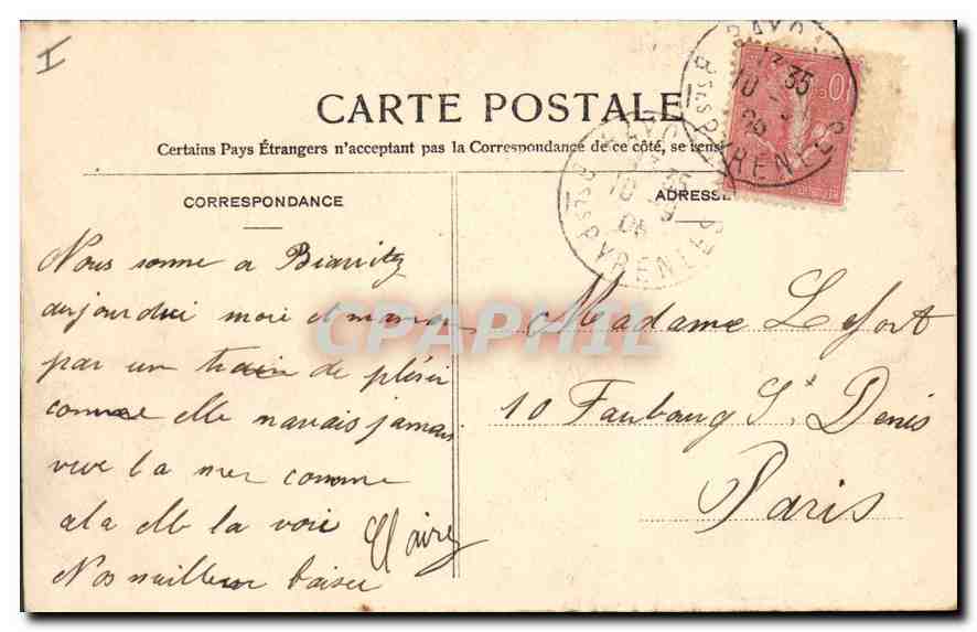CPA Biarritz Vague sur la Digue du Rocher de la Vierge — Verso
