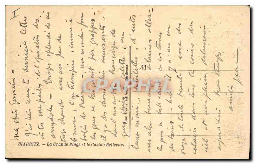 CPA Biarritz La Grande Plage et le Casino Bellevue — Verso