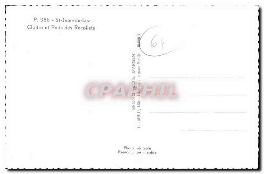 CPM Saint Jean de Luz Cloitre et Puits des Recollets — Verso