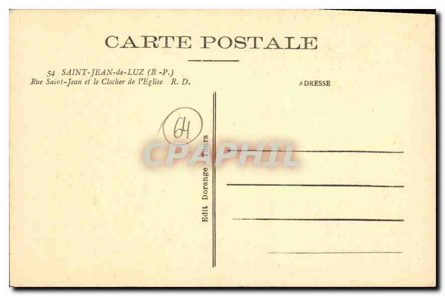 CPA Saint Jean de Luz Rue Saint Jean et le Clocher de l'Eglise — Verso