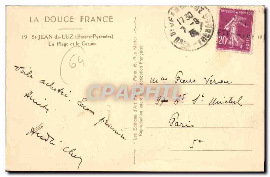 CPA Saint Jean de Luz (Basses Pyrenees) La Plage et le Casino — Verso
