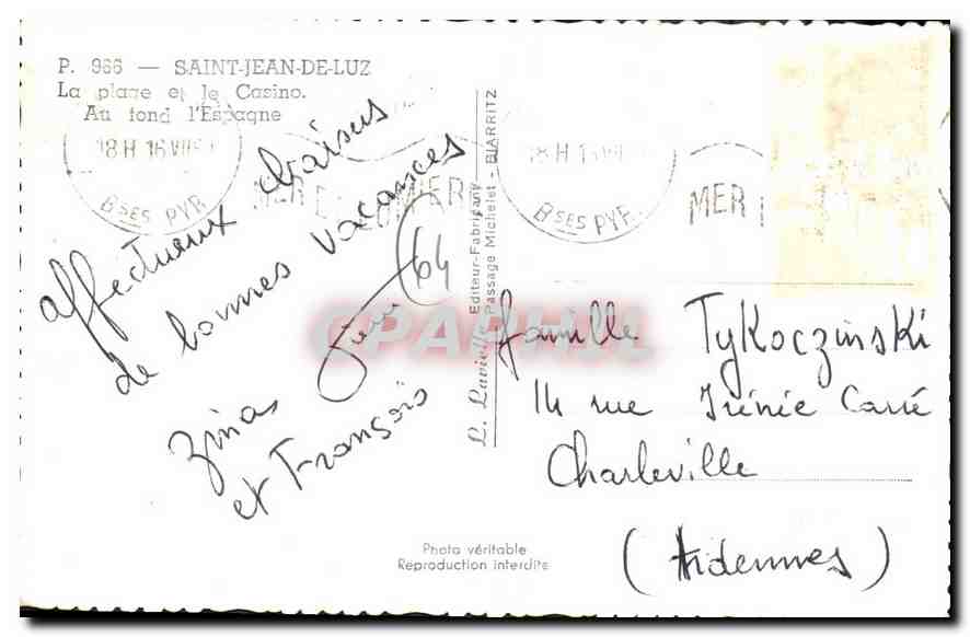 Saint-Jean-de-Luz — La plage et le Casino — P. 966 — Éditeur L. Lanillet, Passage Michelet — Verso