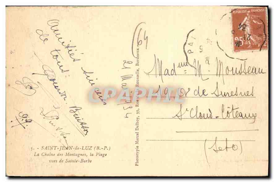 CPA Saint Jean de Luz (B P) La Chaine des Montagnes la Plage vues de Sainte Barbe — Verso