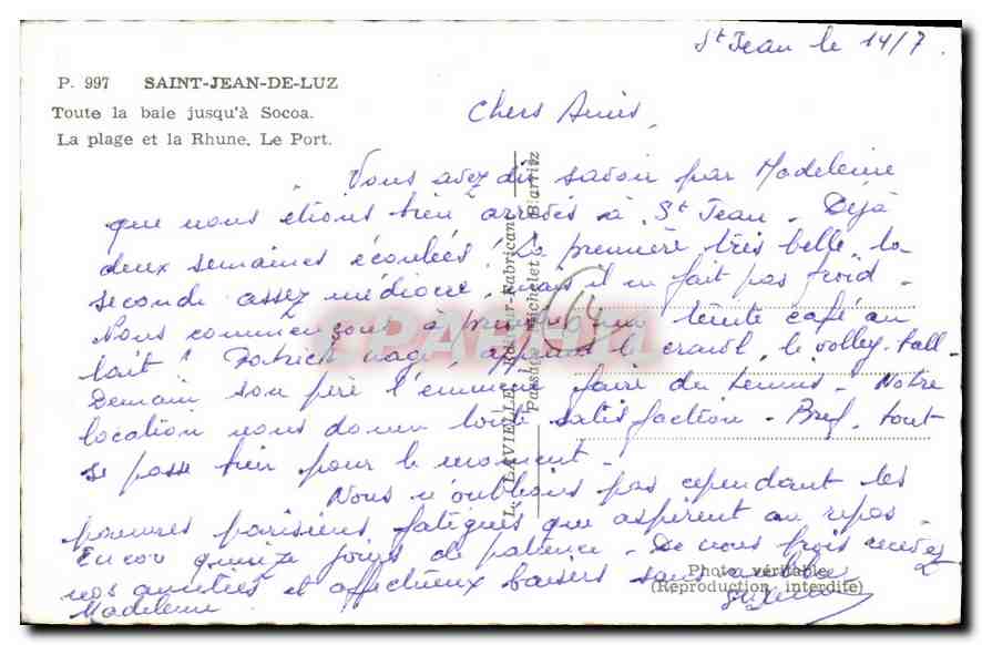 CPM Saint Jean de Luz Toute la baie jusqu'a Socoa La plage et la Rhune Le Port — Verso
