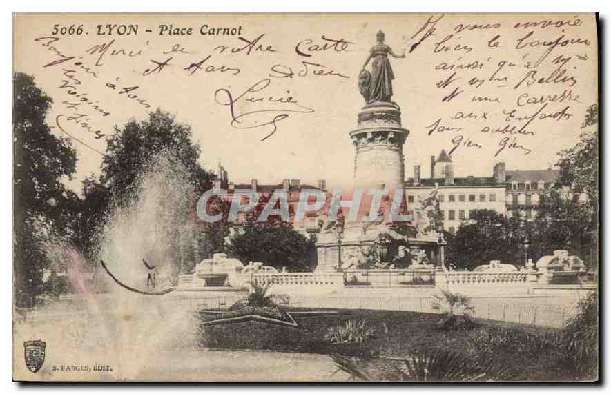 LYON - Place Carnot — monumental statue and fountain — S. FARGES, PUBLISHER