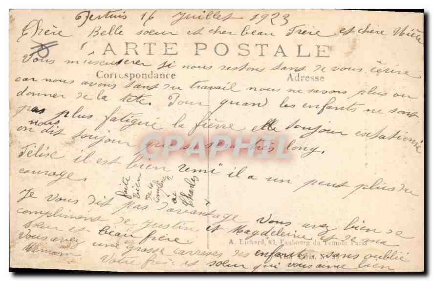 Thann (Haute Alsace) — Place avec arbres abattus par les obus pendant le bombardement — A. R. — n° 396 — Verso