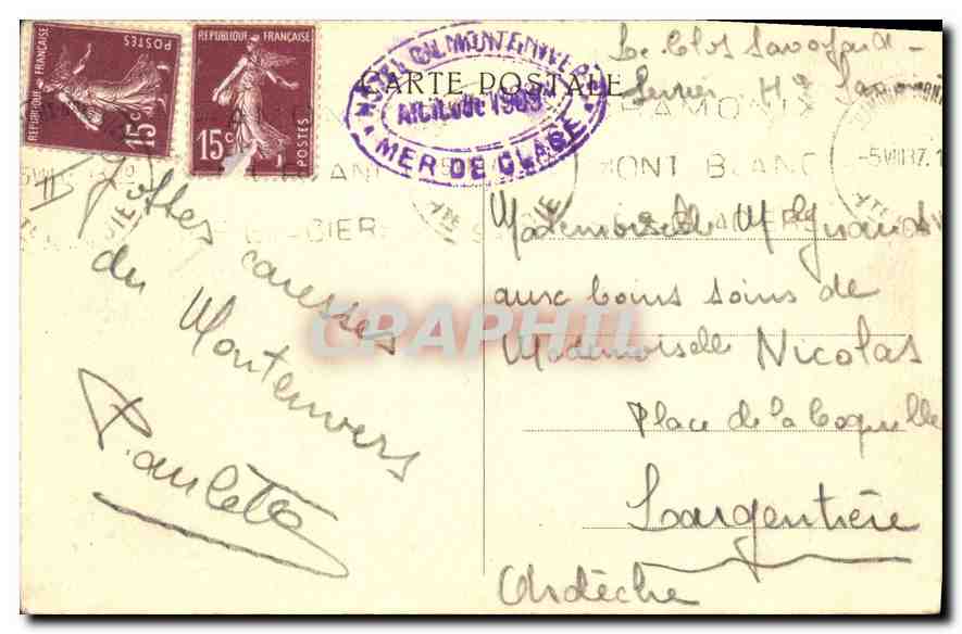 Chamonix — Montenvers-Bahn und Aiguille du Dru — Antike Ansichtskarte CPAPHIL 12120 — Rückseite