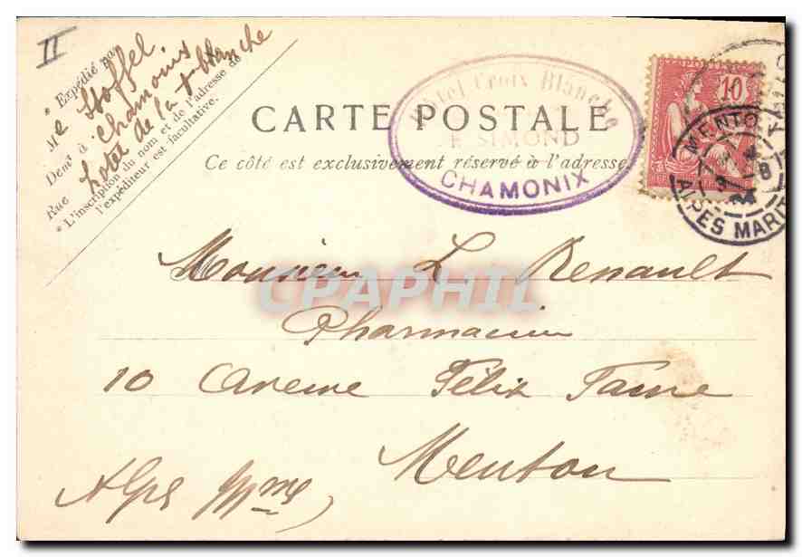 Chamonix und der Mont Blanc — Panoramablick — Verlag Simond, Seriennummer nicht sichtbar — Rückseite