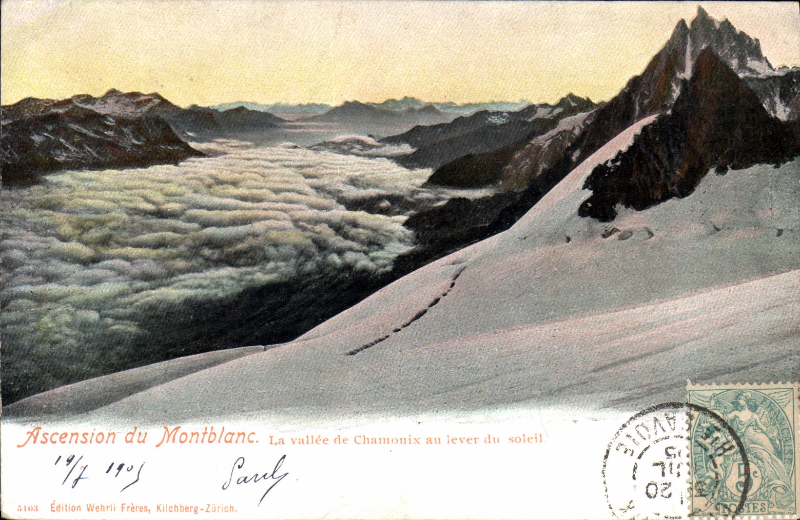 Aufstieg zum Mont Blanc — Die Talsohle von Chamonix bei Sonnenaufgang — Edition Wehrli Frères, Kilchberg-Zürich, n° 5103