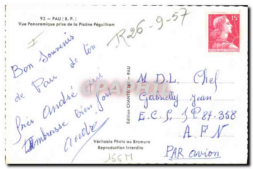 Pau (B.P.P.) — Vue panoramique prise de la Piscine Péguiham — Édition Chantecler — Verso