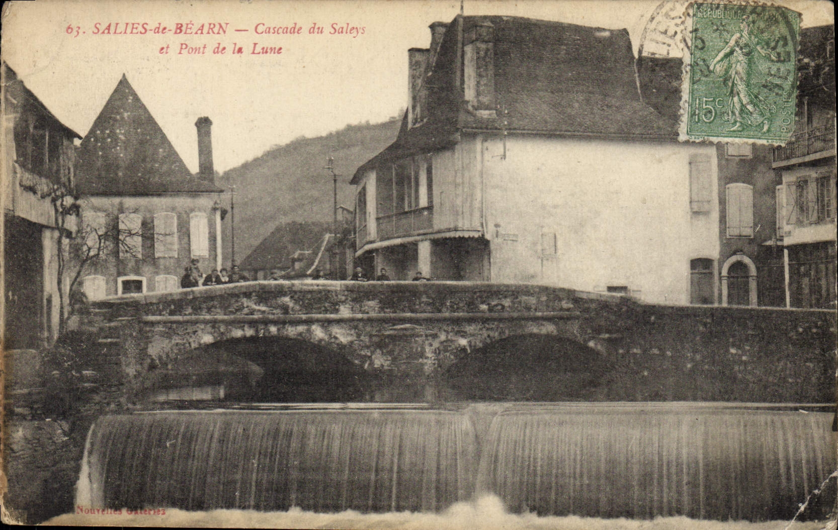 Cartolina d'epoca Salies de Bearn Cascata del Saleys e Ponte della Luna