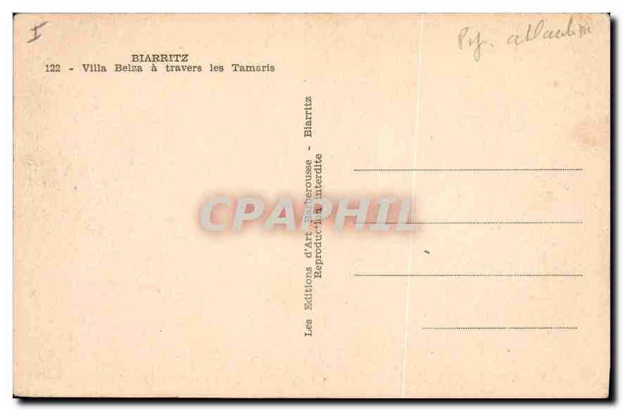 CPA Biarritz Villa Belza a travers les Tamaris  — Verso
