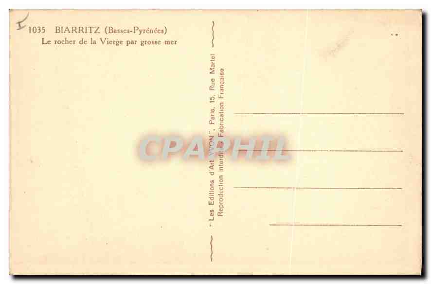 CPA Biarritz Basses Pyrenees Le rocher de la Vierge par grosse mer  — Verso