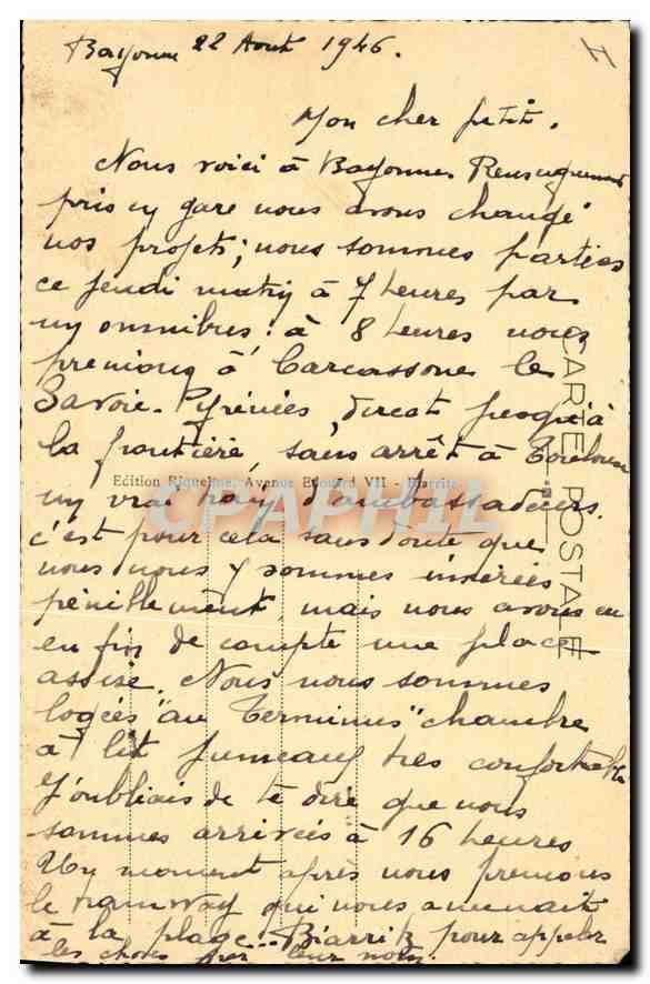 CPA Biarritz Vue generale de la Cote Basque et les Pyrenees  — Verso