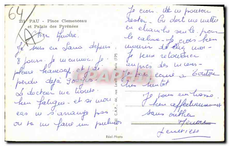 Pau - Place Clemenceau et Palais des Pyrénées — C.A.P. n°64 — Verso