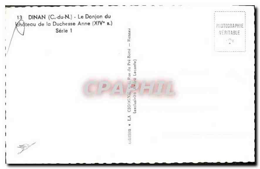 Dinan (C.-du-N.) - Le Donjon du Château de la Duchesse Anne (XIVe s.) — Édition La Cigogne, série 1 — Rückseite