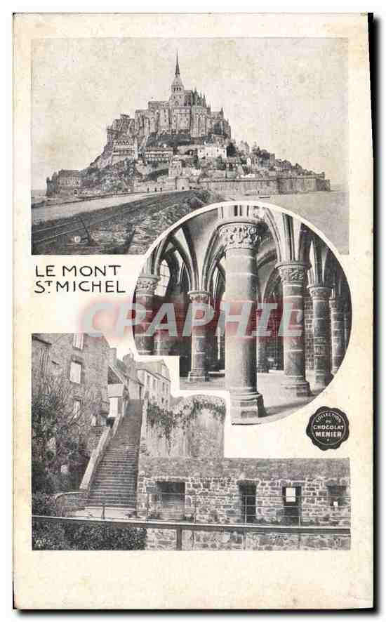 Le Mont Saint-Michel — vue panoramique et détails architecturaux — Collection Chocolat Menier - Recto