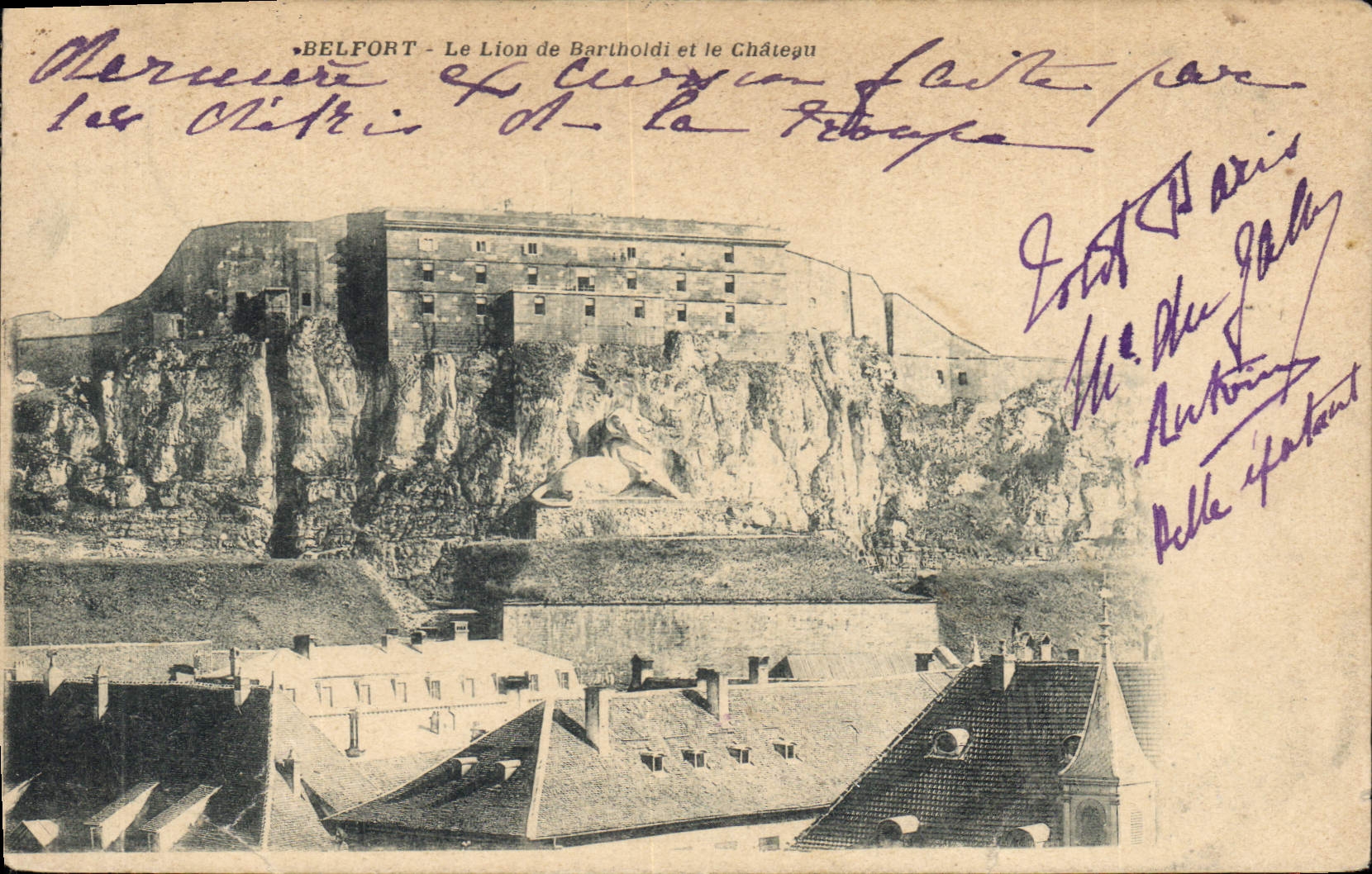 CPA Belfort Le Lion de Bartholdi et le Chateau 