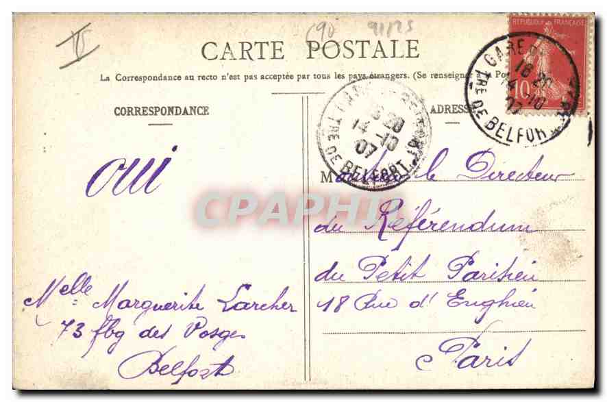 CPA Belfort L'Eglise St Joseph  — Verso