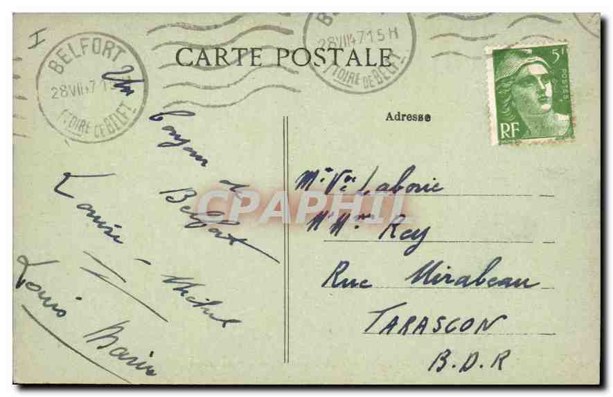 CPA Belfort La Place Corbie et le Pont Carnot  — Verso