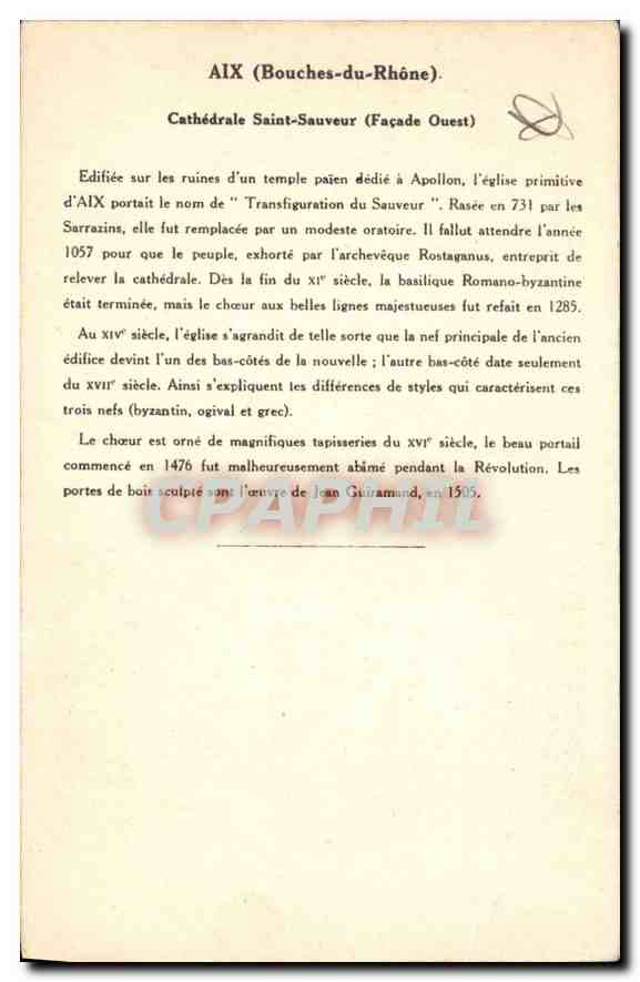 CPA Aix Bouches du Rhone Cathedrale Saint Sauveur  — Verso