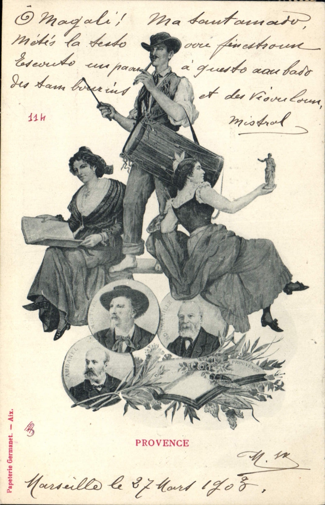 Scène provençale — musicien et deux femmes — Papeterie Germanet, Aix - Anverso
